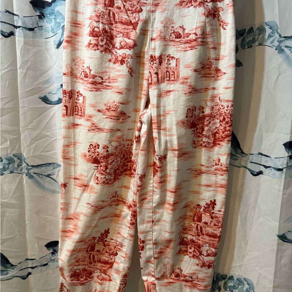 Vintage 90s Bill Blass Fishing Scene Flat Front Scarlet Stretch Capris Pants 8